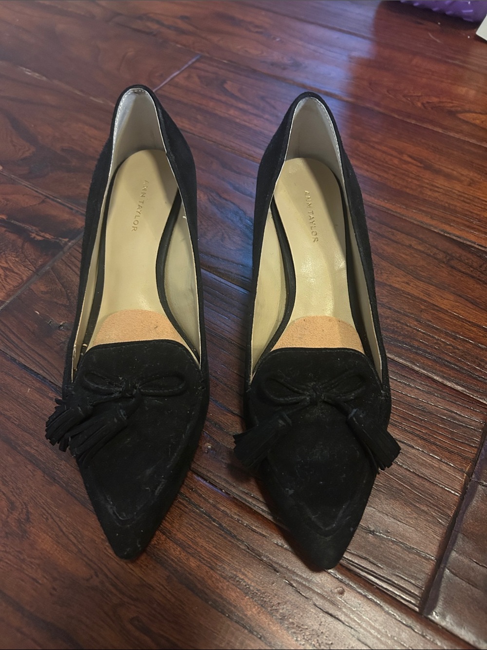 Ann Taylor Black Suede Pointed-Toe Tassel Heels